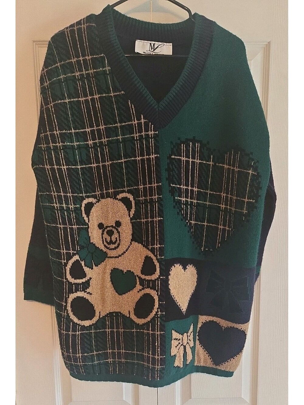 Vtg Maggie Lawrence Knit Teddy Bear Bows Sweater V-neck L usa Womens Oversized - Picture 1 of 12